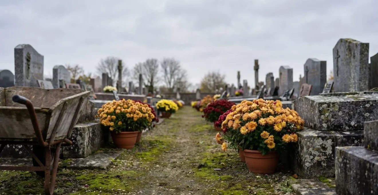 Allée de cimetière français bordée de pots de chrysanthèmes dorés et pourpres un matin d'automne