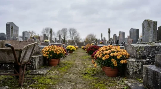 Allée de cimetière français bordée de pots de chrysanthèmes dorés et pourpres un matin d'automne
