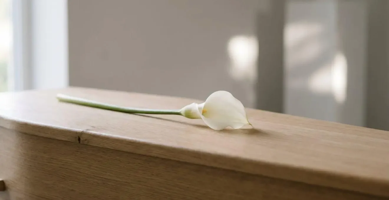Un unique arum blanc posé avec délicatesse sur un cercueil épuré, symbole d'un hommage funéraire moderne et sobre