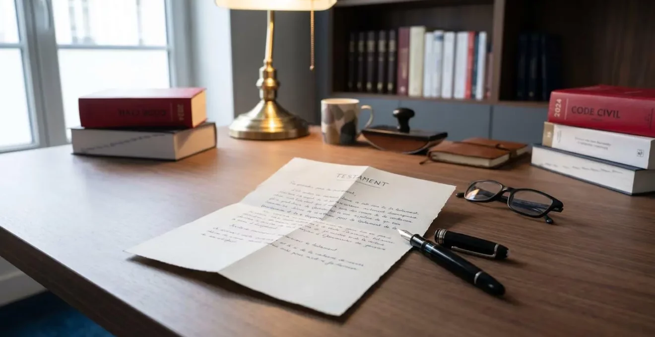 Bureau de notaire avec document testamentaire manuscrit, stylo-plume et code civil en arrière-plan, éclairage professionnel sobre