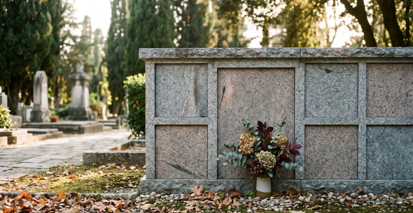 Mur de columbarium en granit avec plusieurs niches scellées, symbolisant le regroupement de plusieurs urnes dans une case familiale