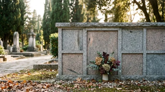 Mur de columbarium en granit avec plusieurs niches scellées, symbolisant le regroupement de plusieurs urnes dans une case familiale
