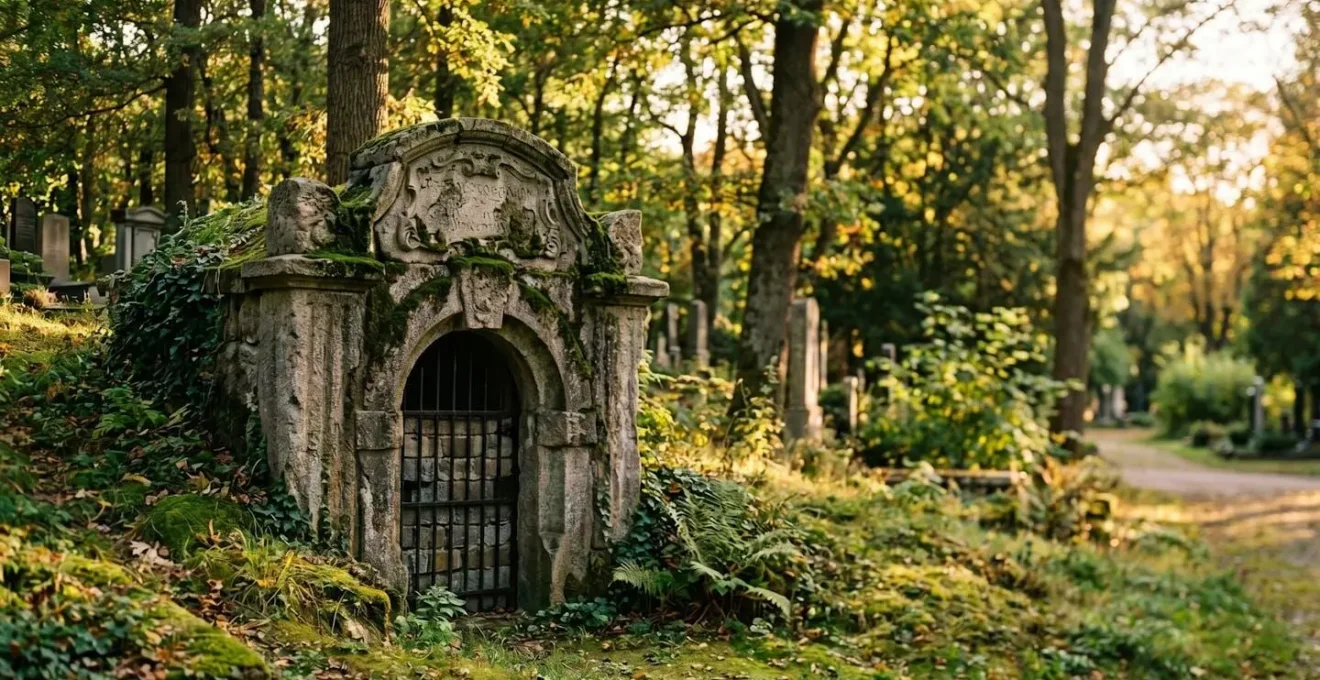 Caveau familial en pierre ancienne sous une lumière douce, symbole de mémoire transmise sur plusieurs générations