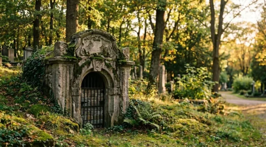 Caveau familial en pierre ancienne sous une lumière douce, symbole de mémoire transmise sur plusieurs générations