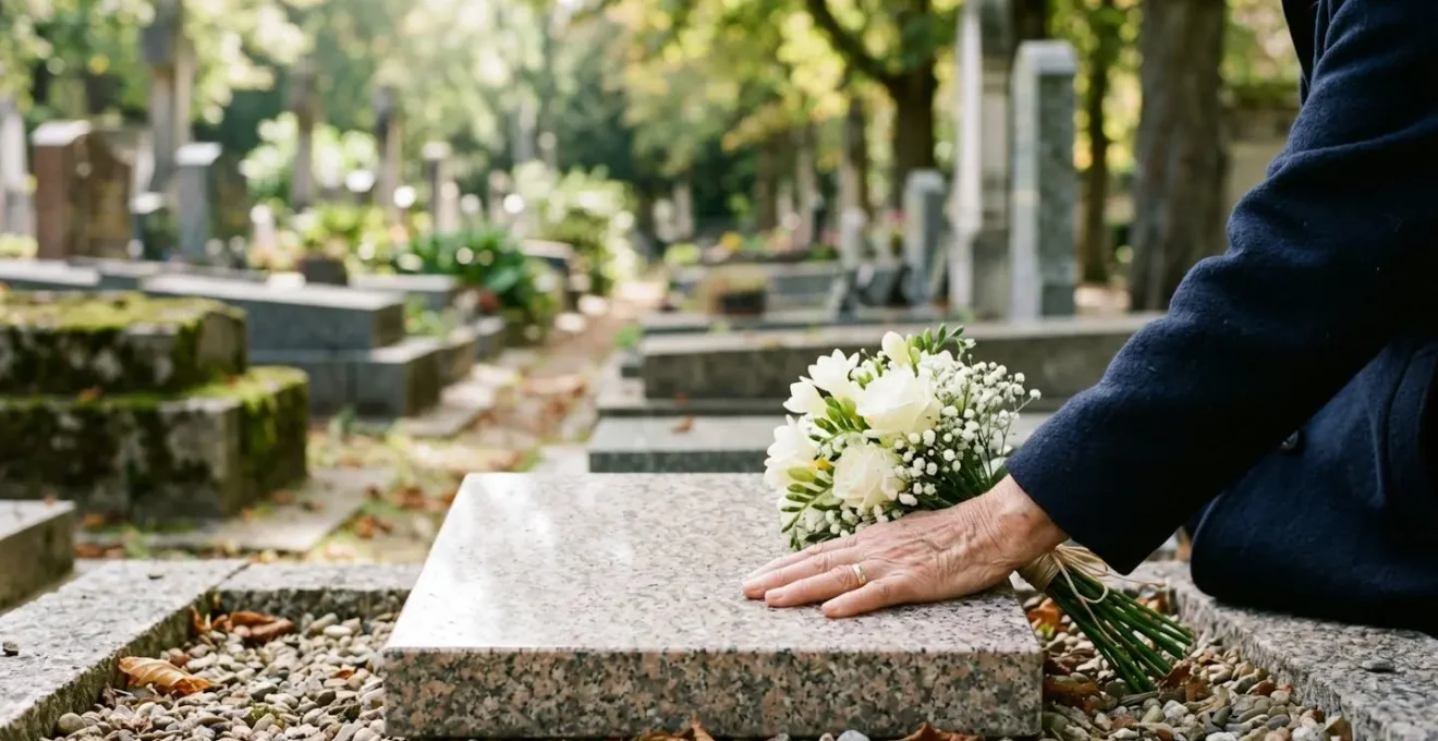 Petite sépulture cinéraire en granit entourée de verdure dans un cimetière paisible, symbolisant l'intimité d'une cavurne face à un caveau familial