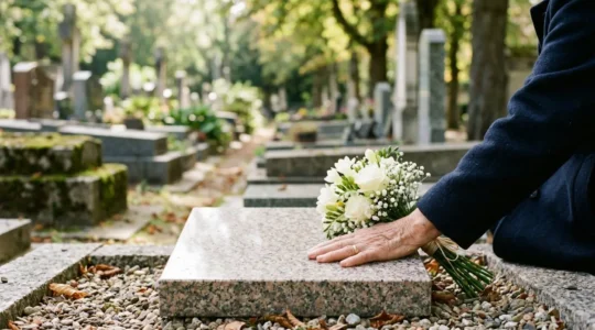 Petite sépulture cinéraire en granit entourée de verdure dans un cimetière paisible, symbolisant l'intimité d'une cavurne face à un caveau familial