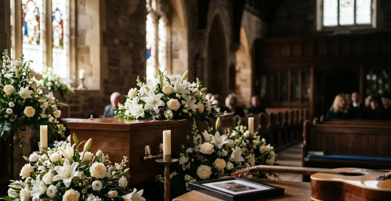 Cérémonie funéraire dans un lieu de culte sobre avec cercueil fleuri et objets personnels rendant hommage au défunt