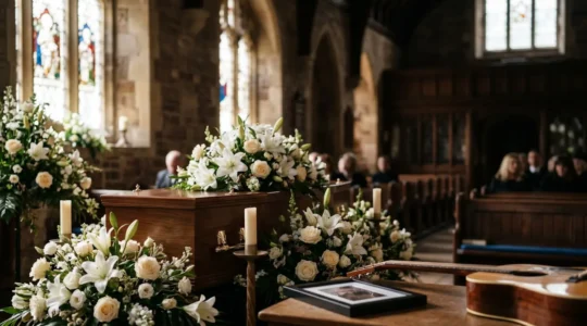 Cérémonie funéraire dans un lieu de culte sobre avec cercueil fleuri et objets personnels rendant hommage au défunt