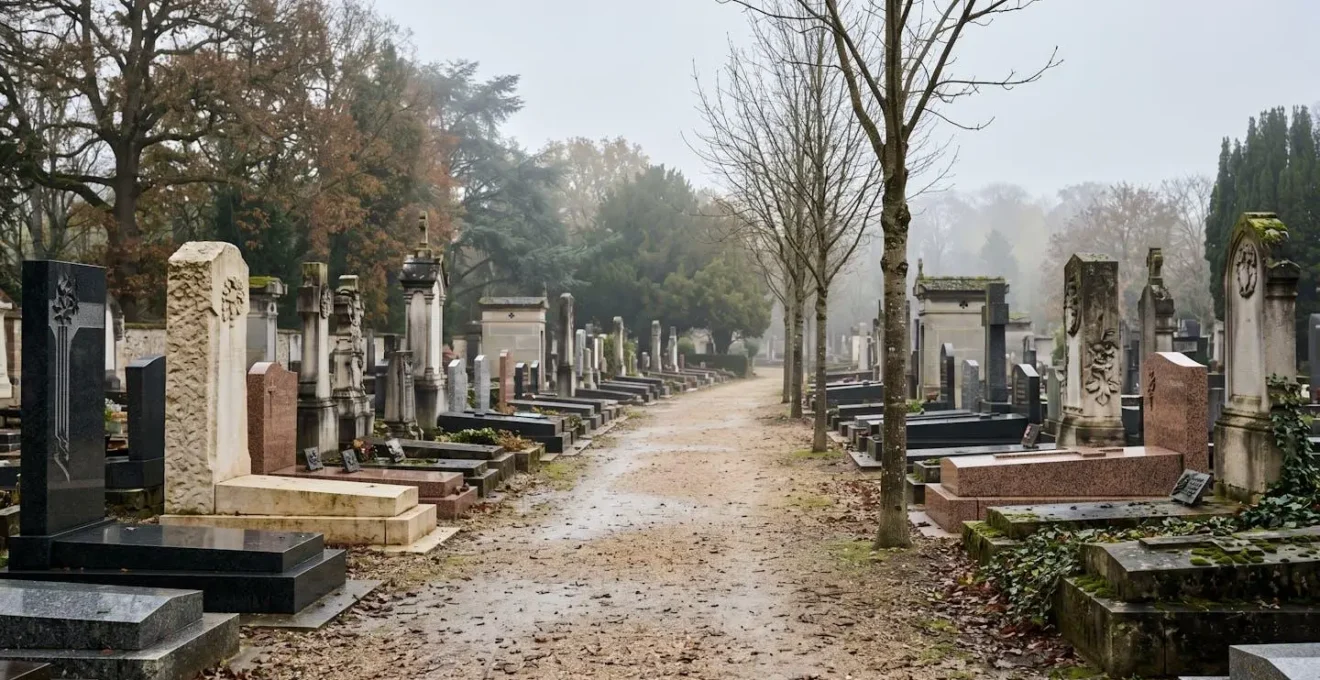 Allée de cimetière français bordée de monuments funéraires en granit et en pierre naturelle, sous une lumière douce de fin de journée