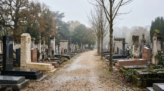 Allée de cimetière français bordée de monuments funéraires en granit et en pierre naturelle, sous une lumière douce de fin de journée