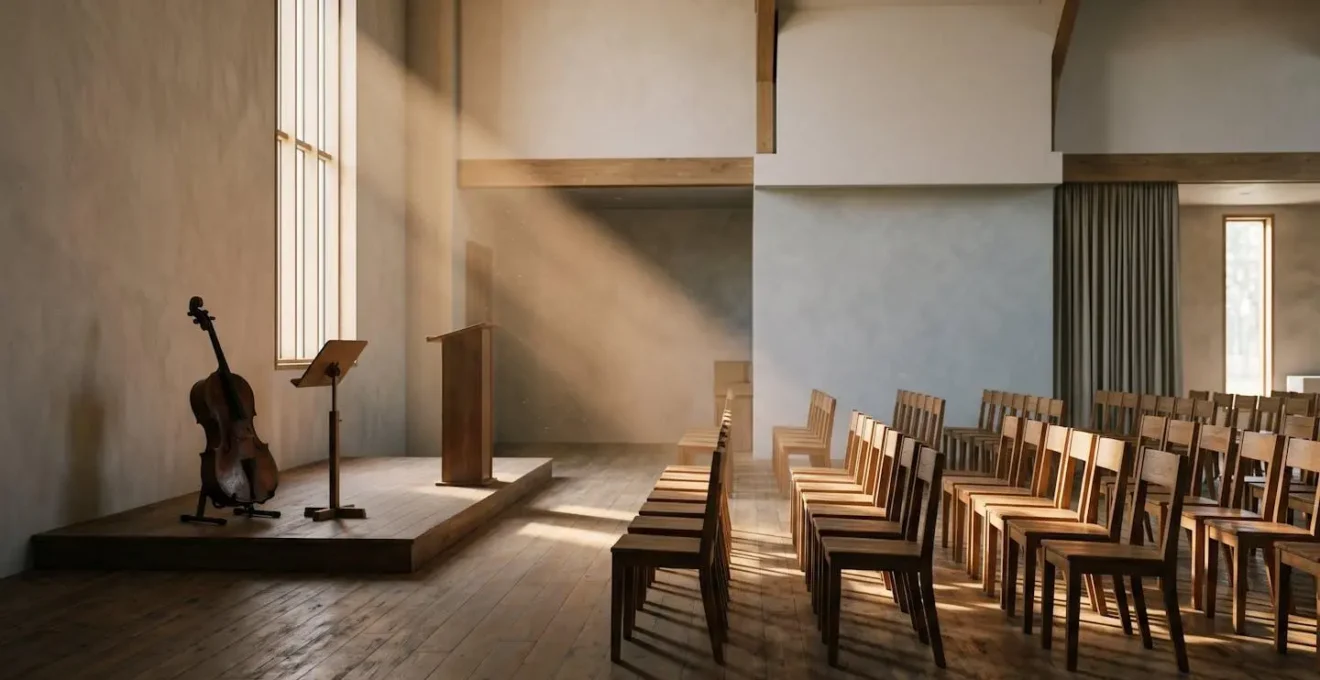 Salle de cérémonie funéraire épurée avec chaises vides et lumière douce, évoquant le choix musical d'un hommage