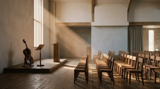 Salle de cérémonie funéraire épurée avec chaises vides et lumière douce, évoquant le choix musical d'un hommage