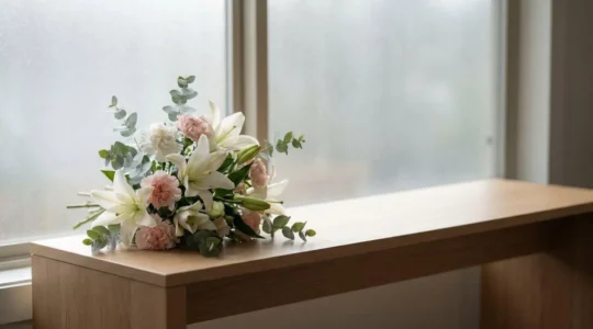 Bouquet de fleurs blanches et pastel posé avec délicatesse dans un intérieur sobre et lumineux, symbole d'un hommage funéraire respectueux