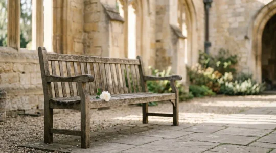 Un banc en bois sous une lumiere douce avec une rose blanche posee, symbolisant le choix des mots justes pour un hommage funeraire
