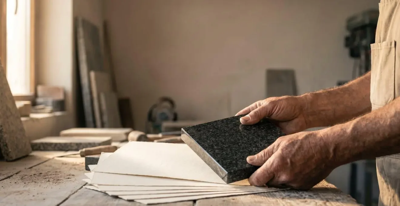 Mains d'un artisan marbrier comparant un echantillon de granit poli a plusieurs devis dans un atelier de pierre