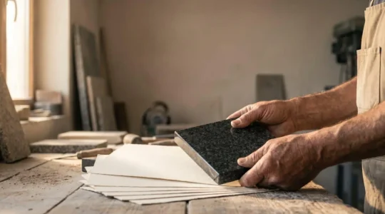 Mains d'un artisan marbrier comparant un echantillon de granit poli a plusieurs devis dans un atelier de pierre