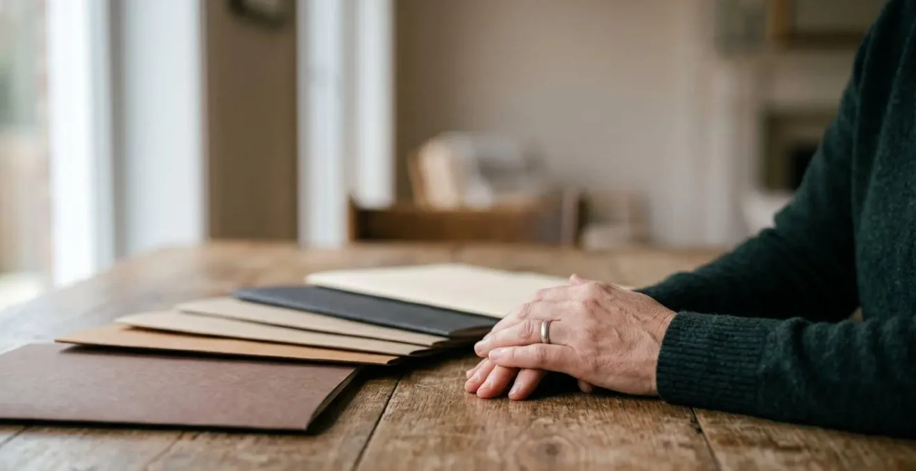 Des mains posées avec calme sur une table en bois, entourées de documents flous, symbolisant la comparaison sereine de plusieurs propositions funéraires