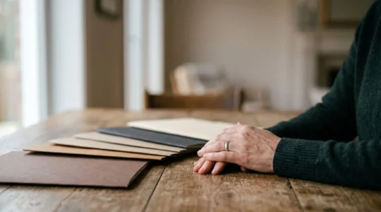 Des mains posées avec calme sur une table en bois, entourées de documents flous, symbolisant la comparaison sereine de plusieurs propositions funéraires