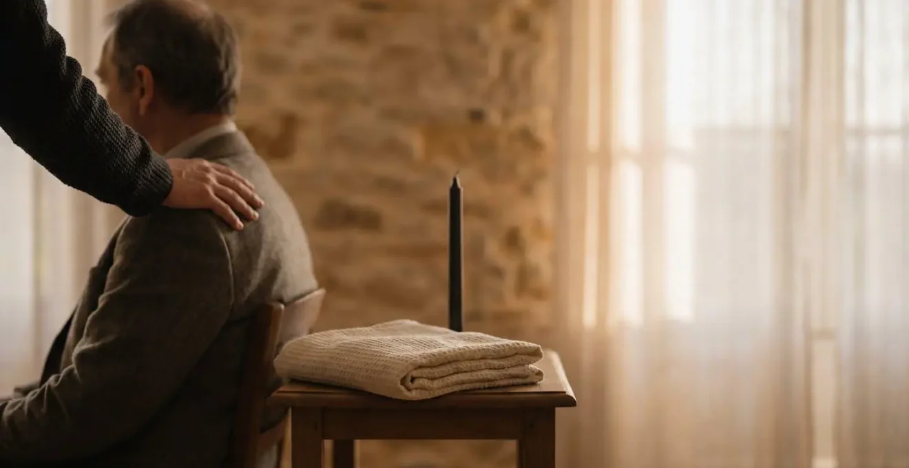 Main posée avec douceur sur l'épaule d'un proche en deuil, dans une lumière naturelle et apaisante, symbolisant l'accompagnement par une agence funéraire