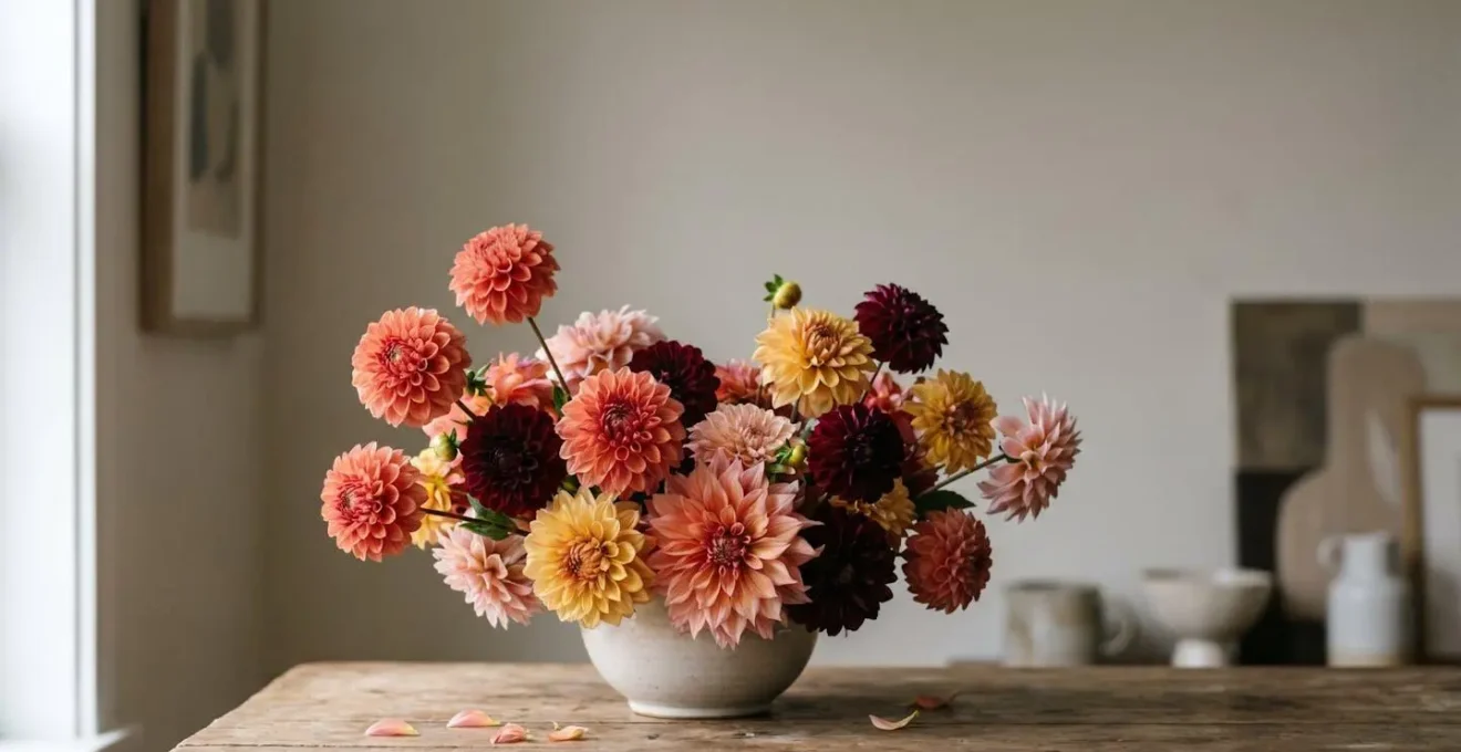 Bouquet éclatant de dahlias multicolores disposé avec délicatesse pour un hommage funéraire lumineux