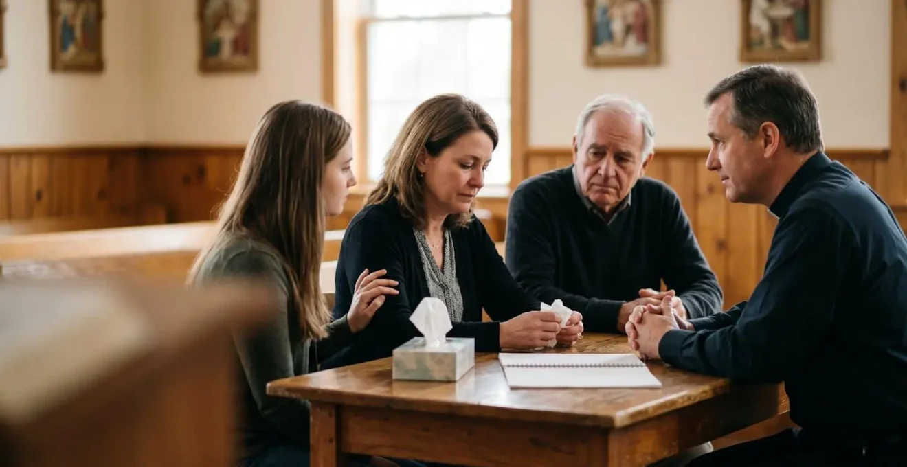 Rencontre empathique entre une famille et un officiant religieux pour préparer une cérémonie d'obsèques personnalisée