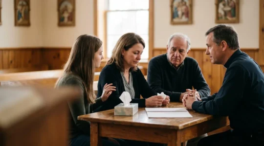Rencontre empathique entre une famille et un officiant religieux pour préparer une cérémonie d'obsèques personnalisée