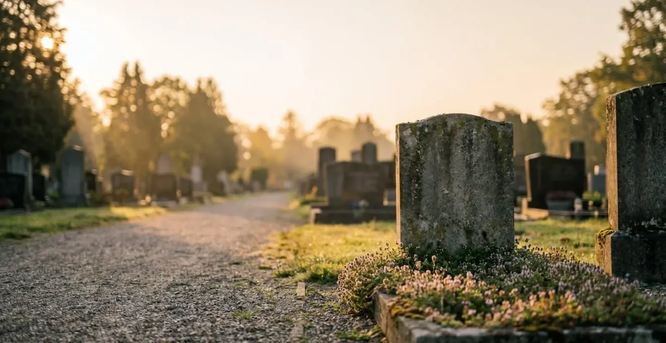 Tombe en pierre entretenue naturellement, entourée de graviers et de petites plantes vertes, sans produit chimique visible