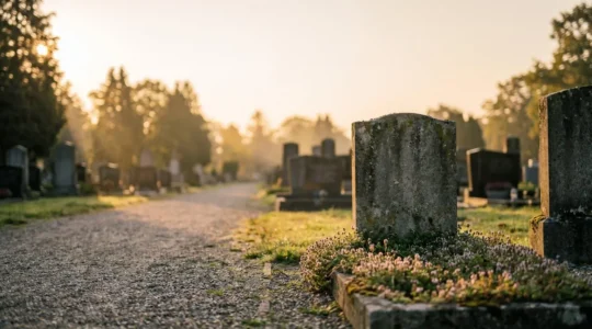 Tombe en pierre entretenue naturellement, entourée de graviers et de petites plantes vertes, sans produit chimique visible