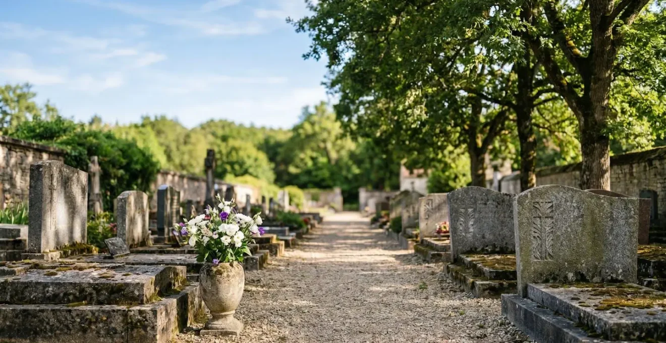 Allée de cimetière paisible avec une tombe en granit parfaitement entretenue, éclairée par une lumière douce, sans présence humaine visible