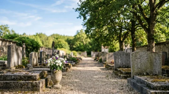 Allée de cimetière paisible avec une tombe en granit parfaitement entretenue, éclairée par une lumière douce, sans présence humaine visible