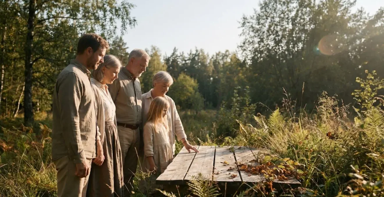 Famille se recueillant en pleine nature lors d'obsèques écologiques, dans une clairière baignée de lumière douce