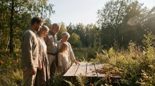 Famille se recueillant en pleine nature lors d'obsèques écologiques, dans une clairière baignée de lumière douce