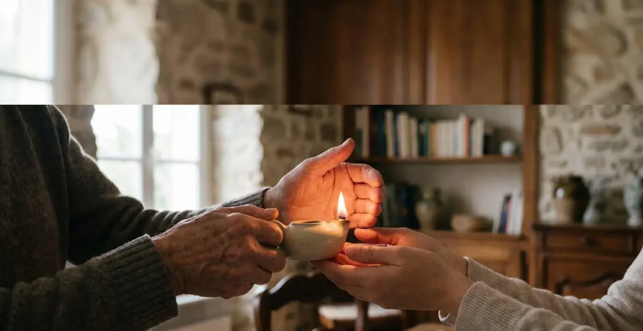 Une flamme de bougie protégée par des mains transmises de génération en génération, symbole de la mémoire qui traverse le temps