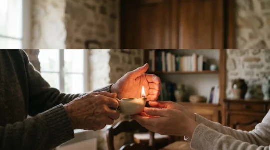 Une flamme de bougie protégée par des mains transmises de génération en génération, symbole de la mémoire qui traverse le temps
