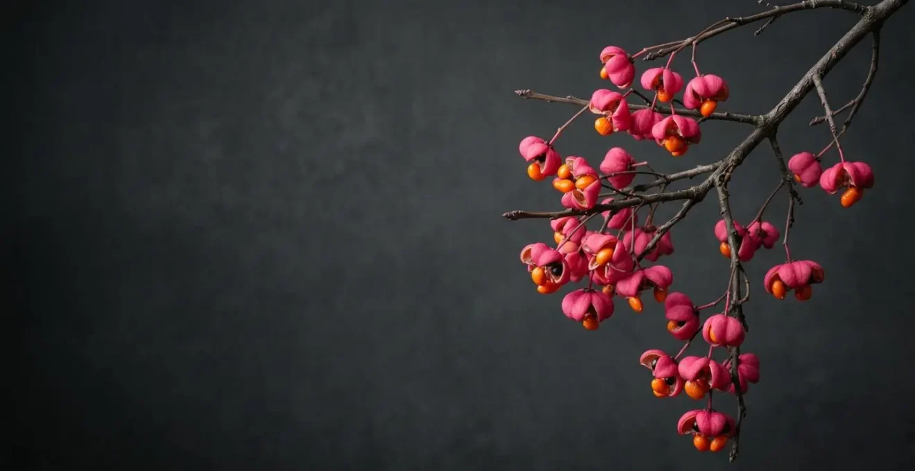 Branche de fusain aux fruits roses et graines orange se détachant sur un fond sombre et épuré, symbole du souvenir funéraire