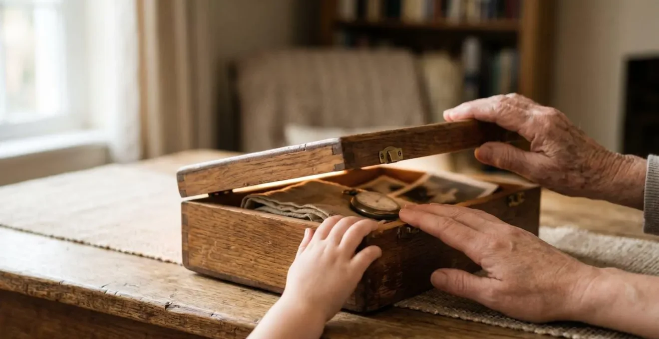 Une boite en bois ancienne ouverte laissant apparaitre des objets de memoire familiale, entre les mains de plusieurs generations