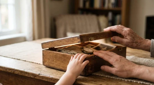 Une boite en bois ancienne ouverte laissant apparaitre des objets de memoire familiale, entre les mains de plusieurs generations