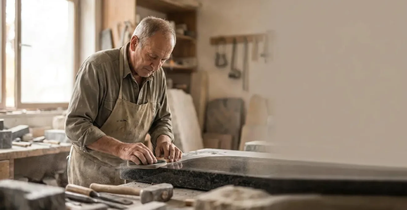 Artisan marbrier polissant avec précision une pierre tombale en granit dans un atelier baigné de lumière naturelle
