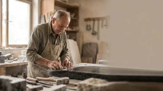 Artisan marbrier polissant avec précision une pierre tombale en granit dans un atelier baigné de lumière naturelle
