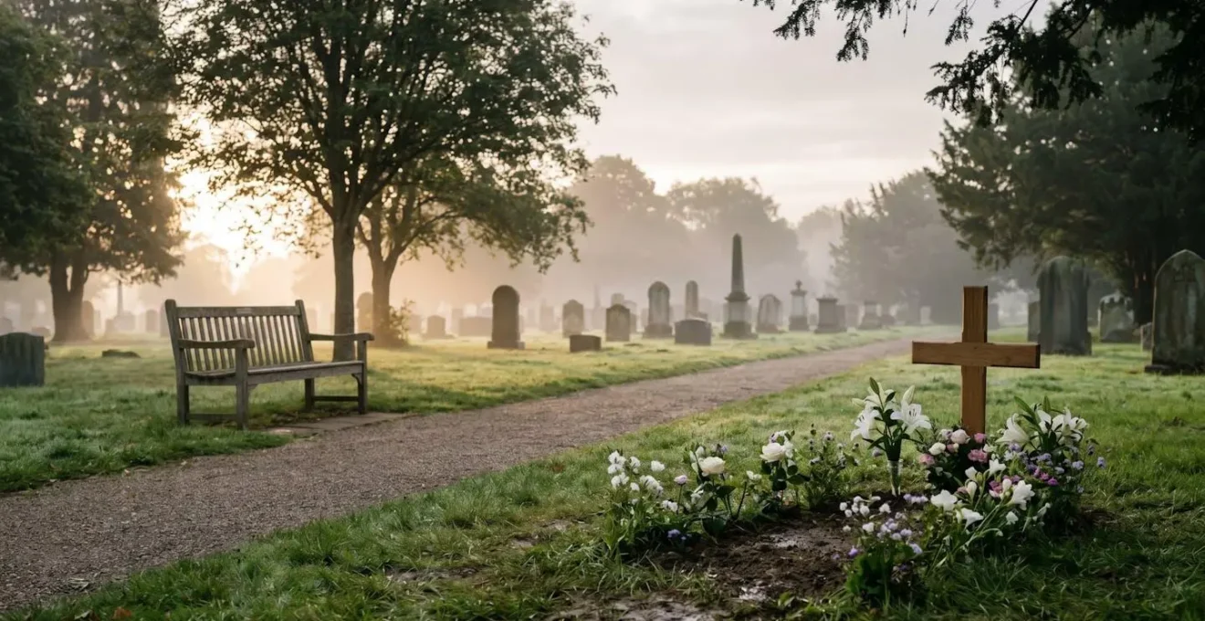 Allée de cimetière au petit matin avec une sépulture fleurie, ambiance de recueillement paisible