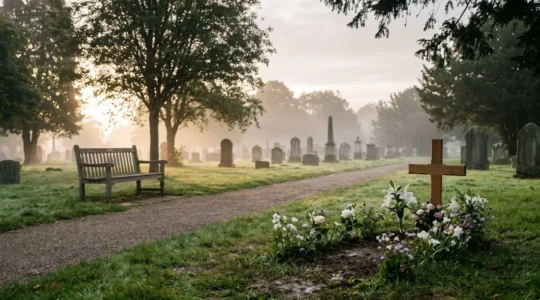 Allée de cimetière au petit matin avec une sépulture fleurie, ambiance de recueillement paisible