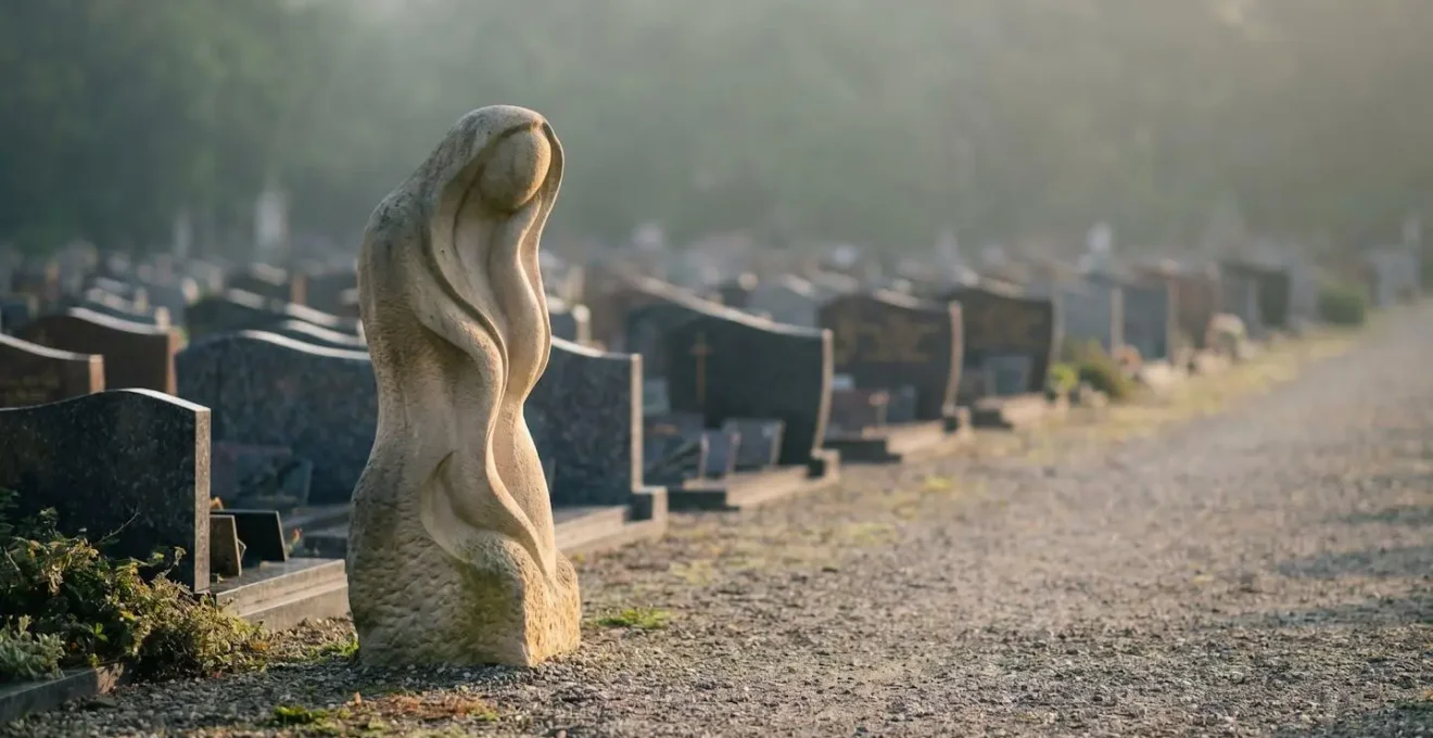 Stèle funéraire sculptée sur mesure se démarquant par sa forme organique unique au milieu de rangées de monuments classiques dans un cimetière