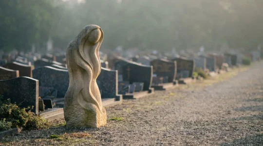 Stèle funéraire sculptée sur mesure se démarquant par sa forme organique unique au milieu de rangées de monuments classiques dans un cimetière