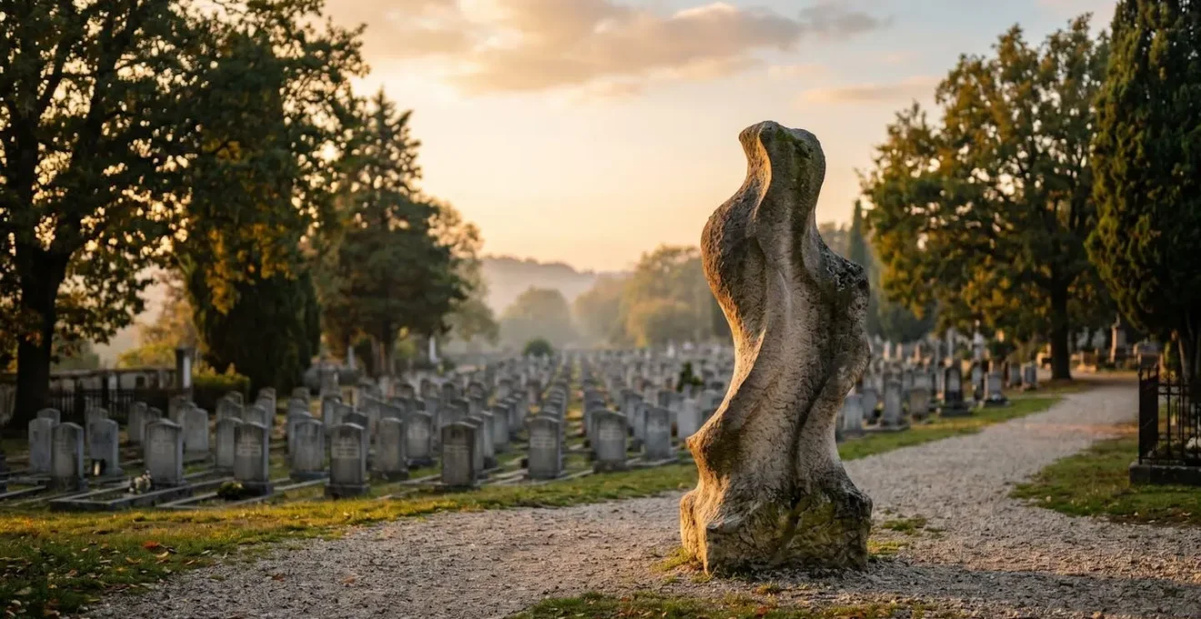 Un monument funéraire sculptural et unique se détachant au milieu de rangées de tombes classiques dans un cimetière