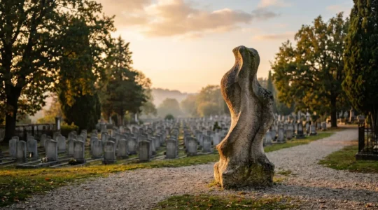 Un monument funéraire sculptural et unique se détachant au milieu de rangées de tombes classiques dans un cimetière