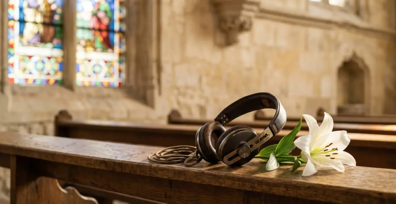 Casque audio vintage posé sur un banc d'église à côté d'un lys blanc, symbolisant la musique qui accompagne le deuil