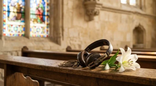Casque audio vintage posé sur un banc d'église à côté d'un lys blanc, symbolisant la musique qui accompagne le deuil