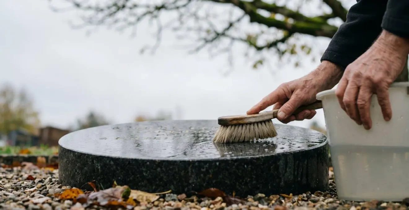 Gros plan sur des mains nettoyant délicatement une pierre tombale en granit avec une brosse douce et de l'eau claire dans un cimetière paisible
