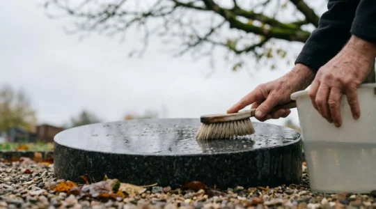 Gros plan sur des mains nettoyant délicatement une pierre tombale en granit avec une brosse douce et de l'eau claire dans un cimetière paisible