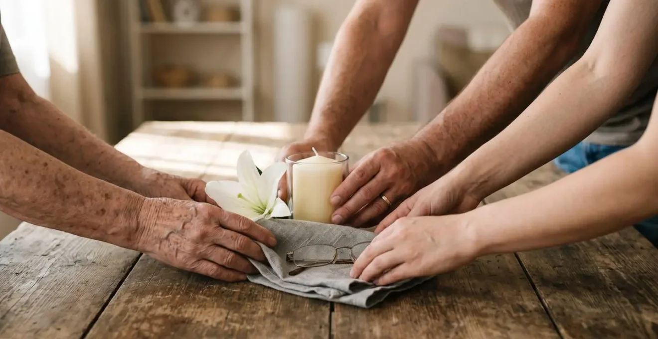 Mains de plusieurs membres d'une famille organisant ensemble des objets symboliques sur une table en bois, dans une lumière douce, évoquant la coordination collective pendant les obsèques.